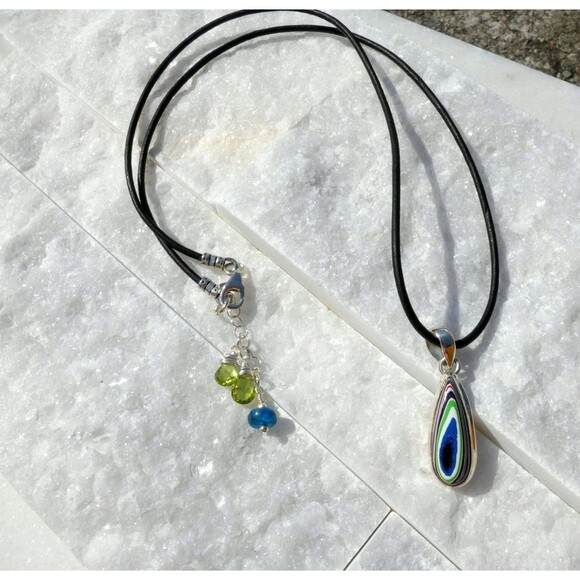 1967 Detroit Agate- Apatite- Peridot- Sterling Silver- Leather Pendant Necklace - Picture 5 of 7
